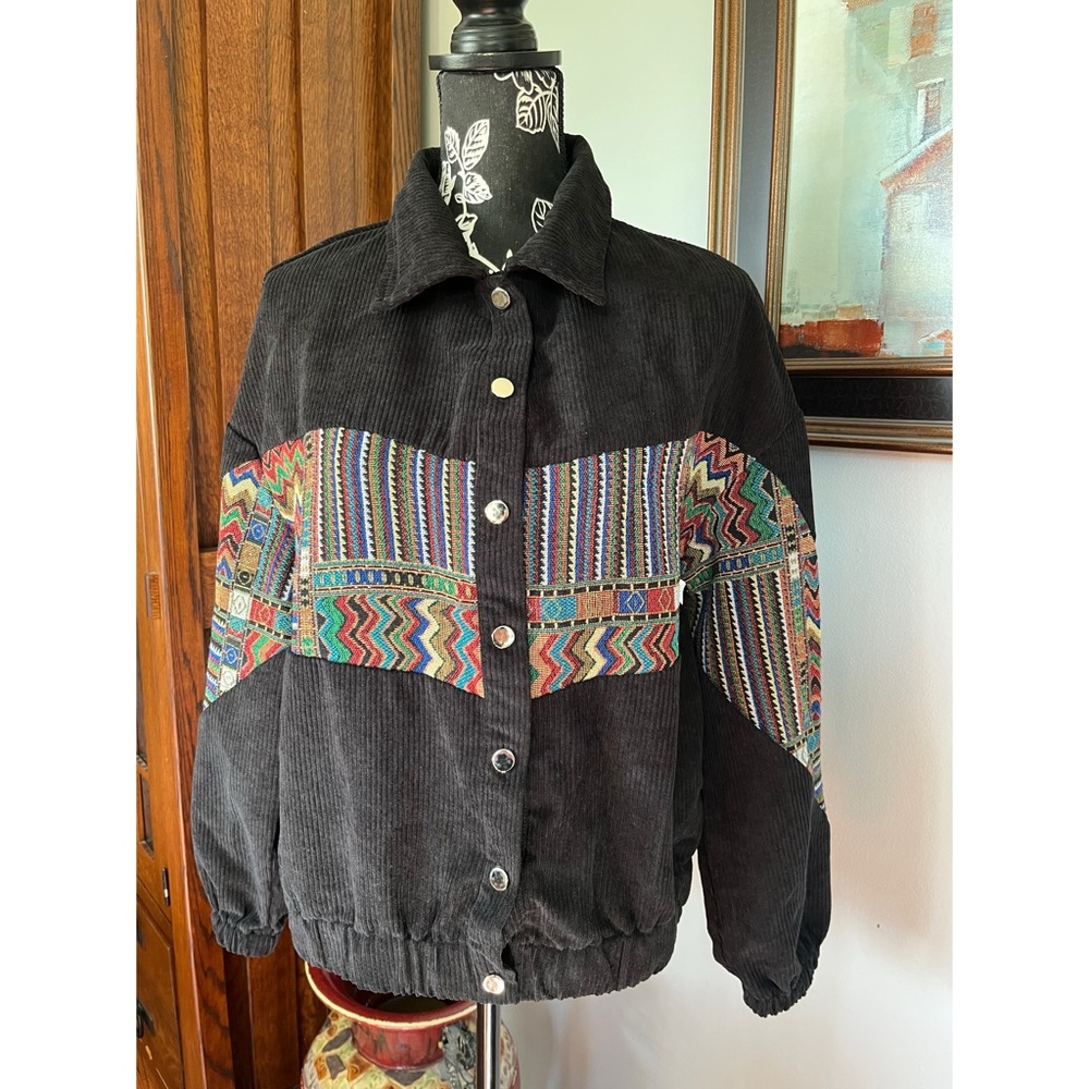 Black Corduroy Jacket with Tribal Multicolor Pattern